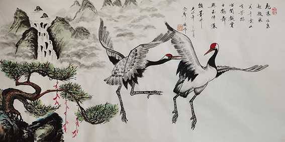 佘声俊作品17《飞瀑流泉起微风 万千云山有芳踪 心闲观赏白鹤舞 兴至挥洒翰墨中》
